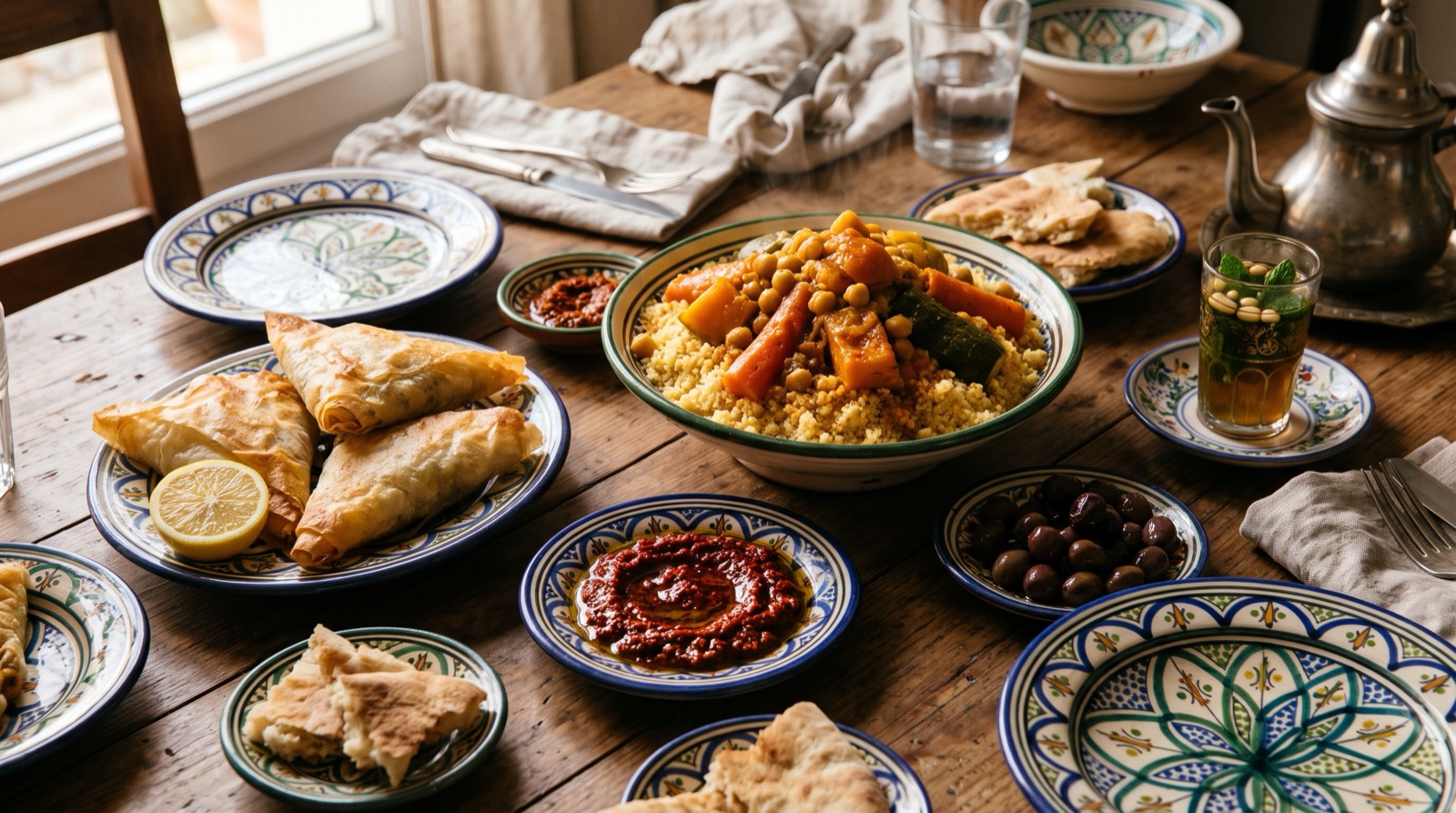 a Tunisian meal with brik, couscous, harissa and mint tea